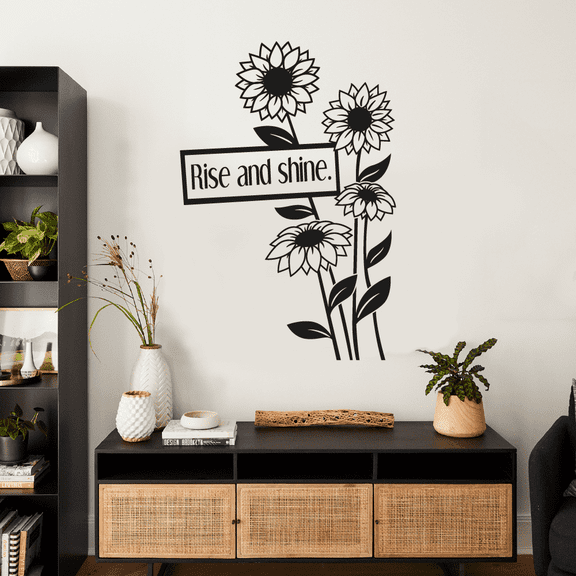 Rise And Shine Quote Flower Garden Flowers Floral Spring Silhouette Vinyl Design Wall Sticker Wall Art Wall Decal Boy Girl Kid Room Bedroom Gardener Home Decor Stickers Decoration Size (20x18 inch)