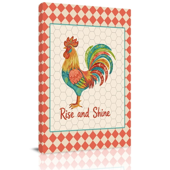 Rise and Shine Rooster Canvas Wall Art for Living Room, Country Farm Colorful Chicken Geometric Red Plaid Wall Decor Framed Artwork Pictures Ready to Hang for Bedroom Office Home Decor