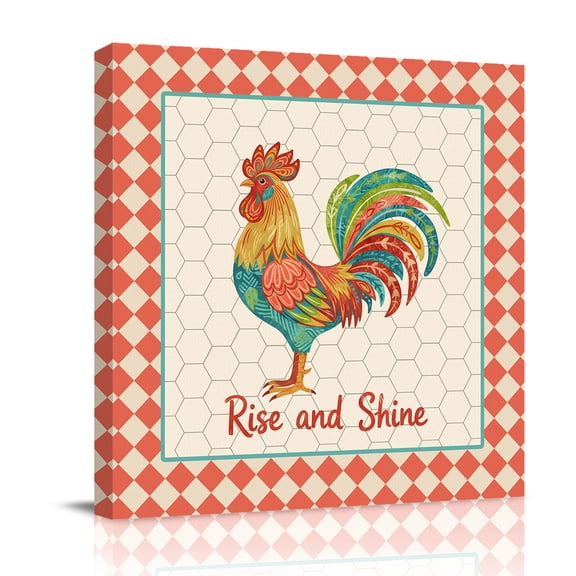 Rise and Shine Rooster Canvas Wall Art for Living Room, Country Farm Colorful Chicken Geometric Red Plaid Wall Decor Framed Artwork Pictures Ready to Hang for Bedroom Office Home Decor