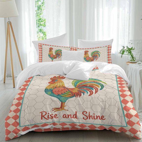 Rise and Shine Rooster Comforter Set Twin Size, Country Farm Colorful Chicken Geometric Red Plaid Soft Bedding Set for Man Woman, 4 Pieces Duvet Cover Set with Fitted Sheet, 2 Pillowcases