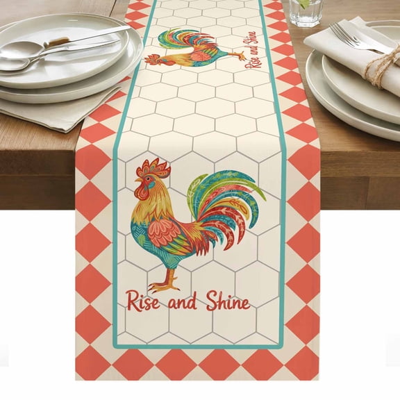 Rise and Shine Rooster Cotton Linen Table Runner Country Farm Colorful Chicken Geometric Red Plaid Dining Table Runners for Home Decor Party Dining Room Restaurant Kitchen Party 13" x 36"