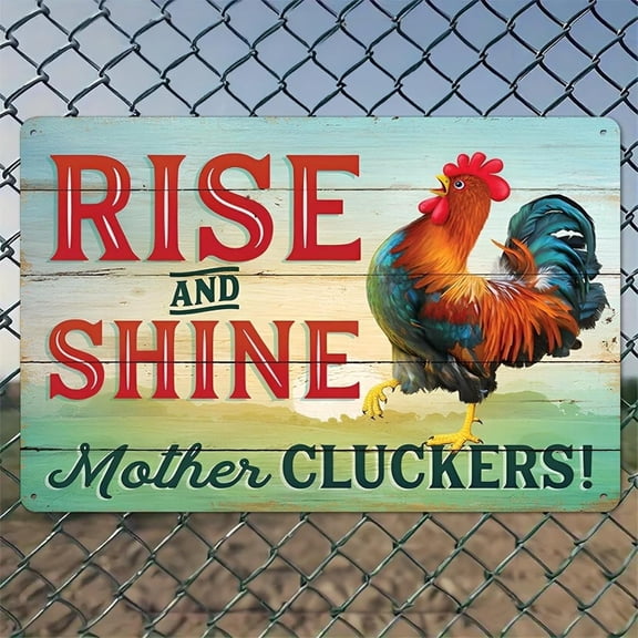 Rise And Shine Rooster Sign Rustic Aluminum Wall Art & Metal Tin Sign - 8x12in Vintage Indoor Outdoor Decor for Home, Office, Cafe, Yard & Garden Farm