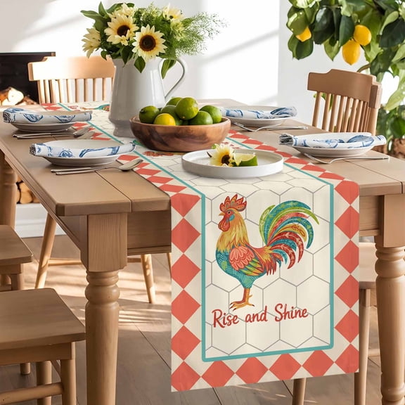 Rise and Shine Rooster Table Runner, Country Farm Colorful Chicken Geometric Red Plaid Washable Kitchen Table Runners Dress Scarves for Dining Table Decorations Party/Restaurant, 13x36in