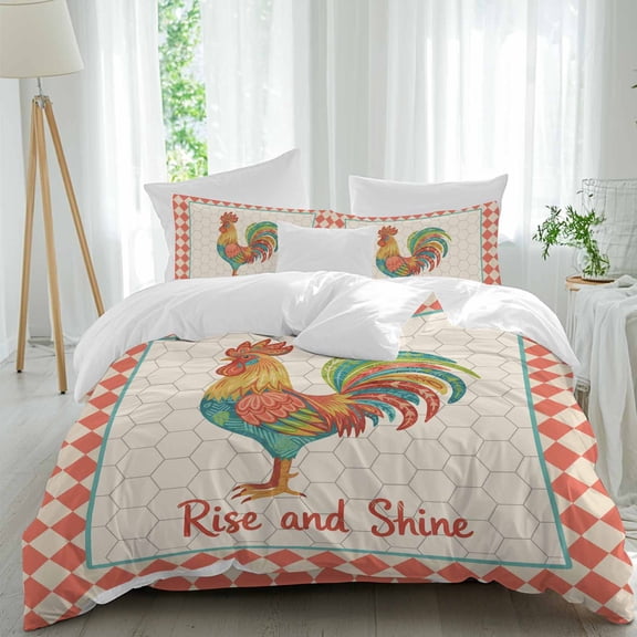 Rise and Shine Rooster Twin Duvet Cover Set, Country Farm Colorful Chicken Geometric Red Plaid 4 Piece Microfiber Bedding Set with Zipper Closure, Bed Sheet and 2 Pillow Shams, Soft Bedding Cover