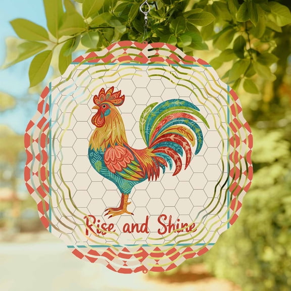 Rise and Shine Rooster Wind Spinner for Garden Yard 12In, Country Farm Colorful Chicken Geometric Red Plaid 3D Stainless Steel Kinetic Hanging Wind Spinners Rustproof Outdoor Decor for Lawn Patio