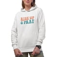 thumbnail image 1 of Rise Up & Pray, Inspirational Quote About Prayer or Praying, Groovy Retro Wavy Text Merch Gift, White Hooded Sweatshirt or Hoodie, Large, 1 of 5