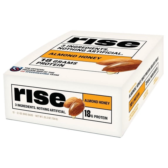 Rise Whey Protein Bars - Almond Honey | Breakfast Bar & Protein Snack 18g Protein 4g Fiber Just 3 Whole Food Ingredients Gluten-Free Soy Free (12 Count)