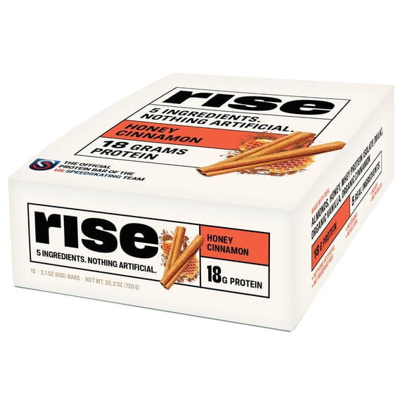 Rise Whey Protein Bars - Honey Cinnamon | Breakfast Bar & Protein Snack 18g Protein 4g Fiber Just 5 Whole Food Ingredients Gluten-Free Soy Free (12 Count)
