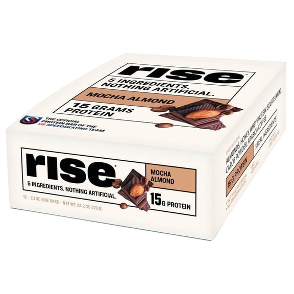 Rise Whey Protein Bars - Mocha Almond | Breakfast Bar & Protein Snack 15g Protein 4g Fiber Just 5 Whole Food Ingredients Gluten-Free Soy Free (12 Count)