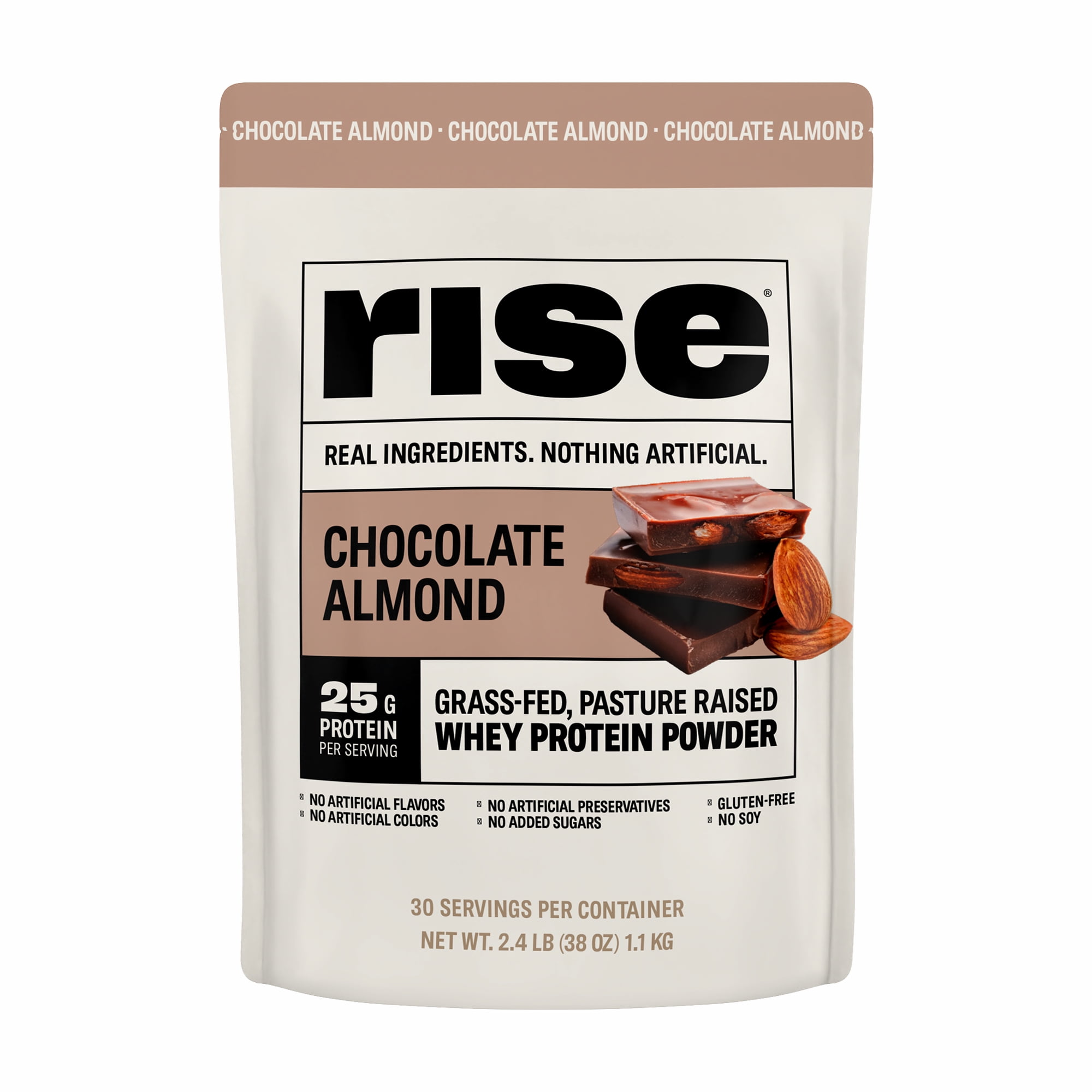 Rise Whey Protein Powder - Chocolate Almond | 25g Protein No Artificial Flavors, Colors, or Preservatives - Sugar Free, Gluten-Free, Soy Free (2.4 lbs)