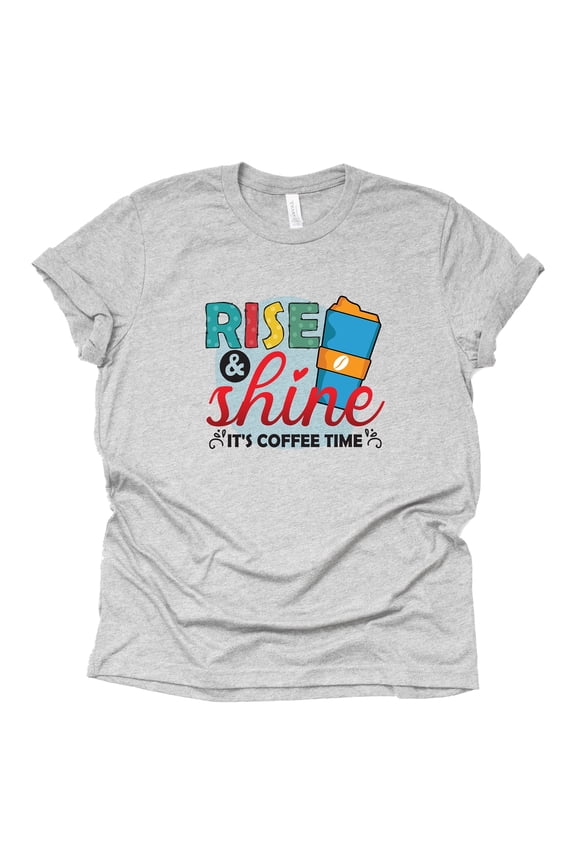 Rise and Shine It's Coffee Time T-Shirt for Women Coffee Letters Print Shirt with Funny Sayings Casual Tee Tops (Gray-Large)