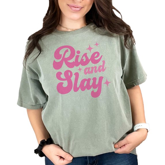 Rise and Slay, Pink Text Girl Quote Art Merch, Moss Comfort Colors T-Shirt, 3XL