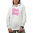 thumbnail image 1 of Rise and Slay, Pink Text Girl Quote Merch Gift, White Hooded Sweatshirt or Hoodie, Small, 1 of 5