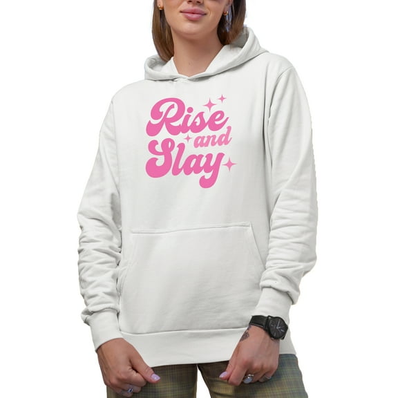 Rise and Slay, Pink Text Girl Quote Merch Gift, White Hooded Sweatshirt or Hoodie, Small