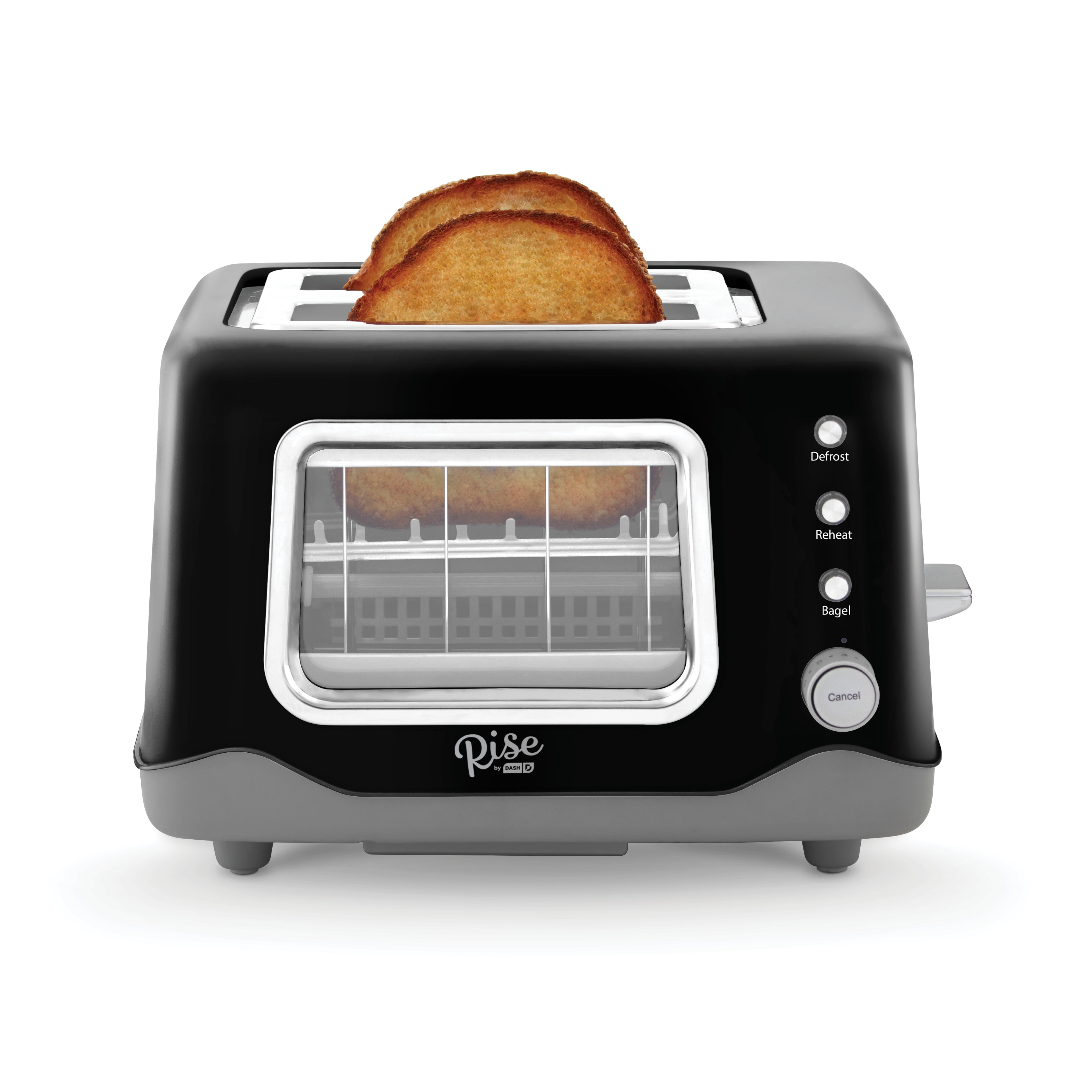 Rise by Dash Clear View 2-Slice Toaster with See Through Window - Defrost,  Reheat, Feature for Bagels + Auto Shut off - Black 