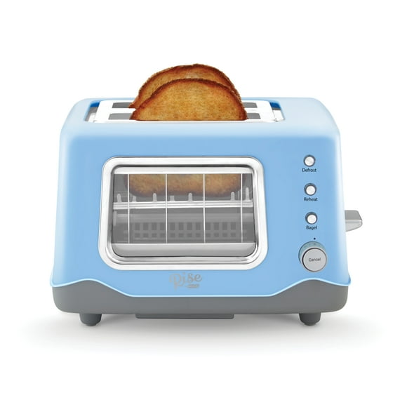 Rise by Dash Clear View Window 2-Slice Toaster Blue - Defrost, Reheat, Bagel, Auto Shut off, New