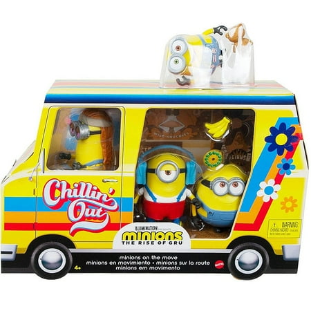 Rise of Gru Minions on the Move Action Figure 4-Pack (Chillin' Out Van with Staurt, Bob, Tim & Otto)