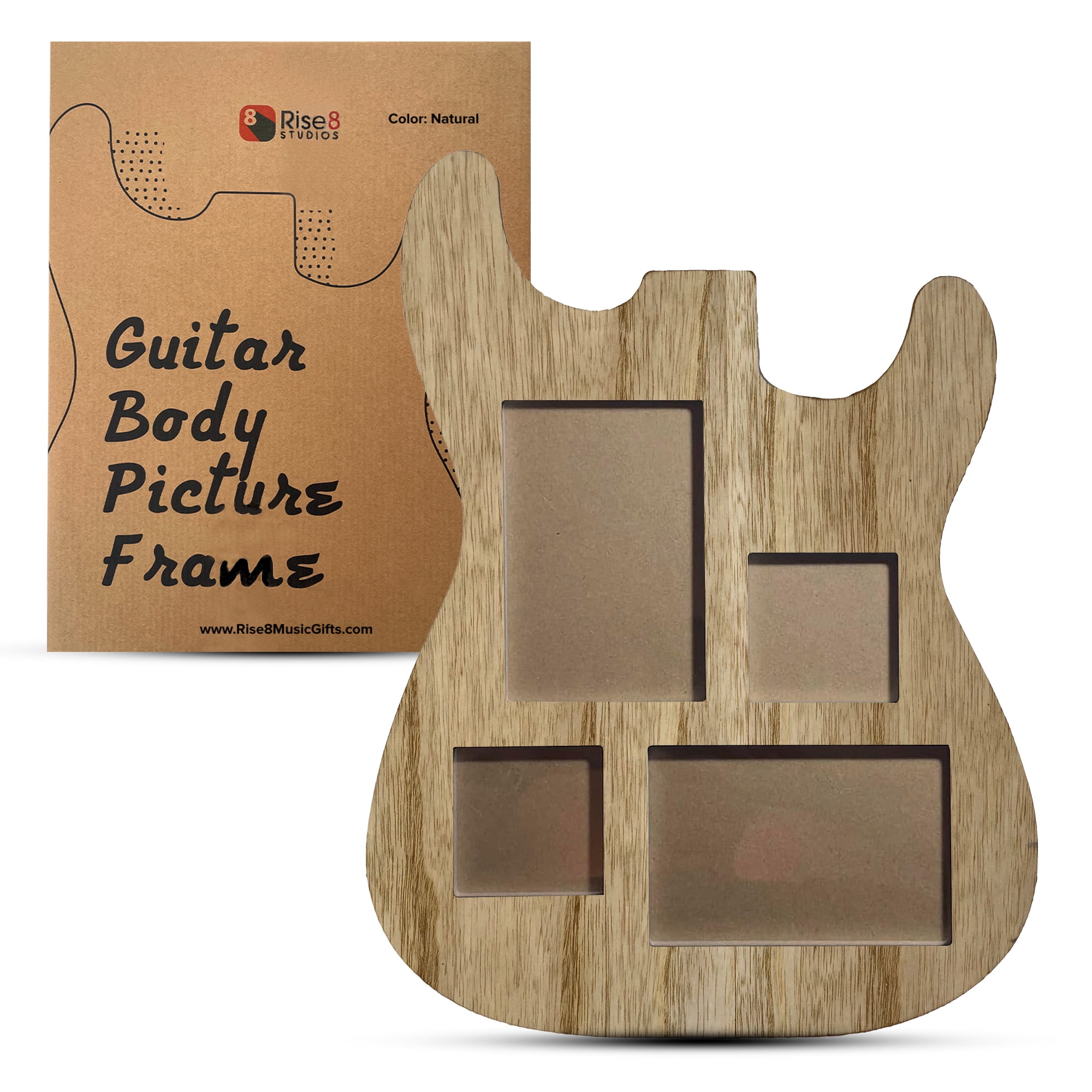 Guitar-Shaped Picture Frame - Holds Four Photos (Two 4x6" & Two 3x4"), Natural Wood Color, Wall Mountable