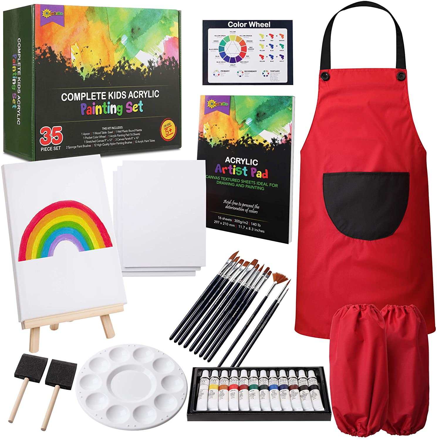 RiseBrite Kids Art Set 35 Pcs Acrylic Paint Set for Kids Includes Non Toxic Paint, Tabletop Easel, Paint Brushes, Canvas, Painting Pad, and More Art Supplies