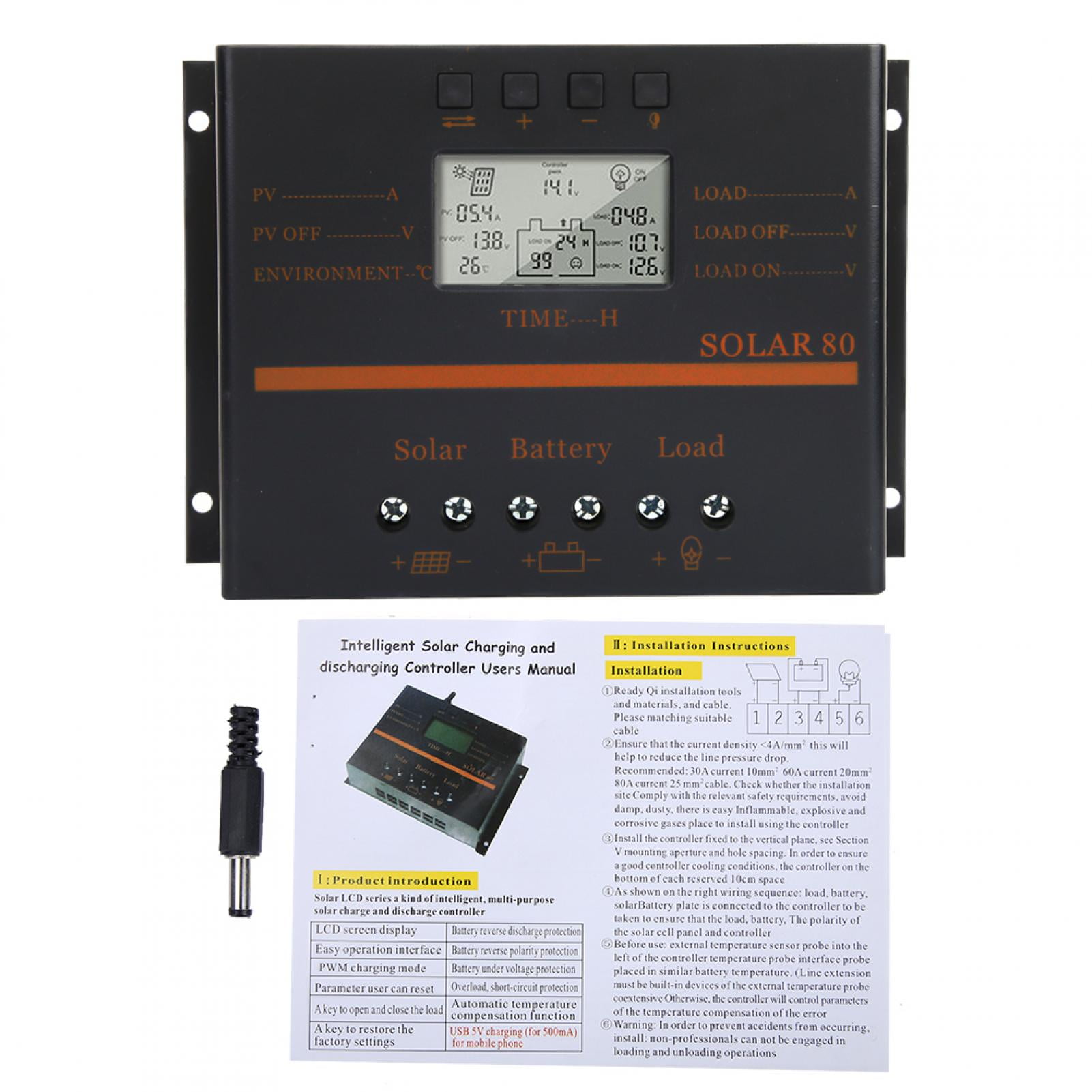 Risegun Controlador de Carga Solar, 12V 24V Auto 80A PWM Controlador de Carga Solar Regulador de Carga del Panel Solar Pantalla LCD Solar80