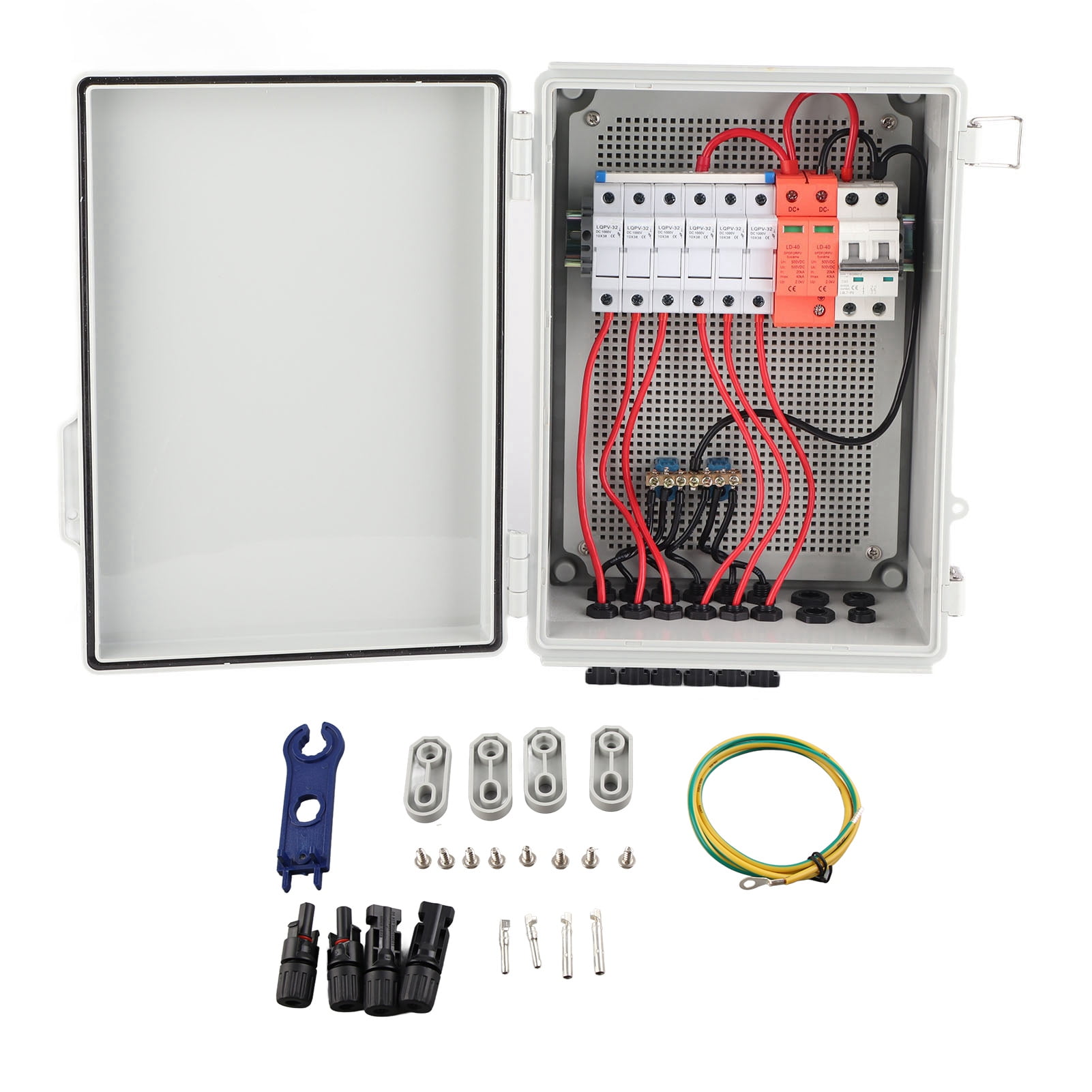Risegun PV Combiner Box, 6 String Solar Combiner Box with Circuit Breaker LED, 15a Rated Current Fuse with Lightning Arrester and 63a Circuit Breaker DC500V Breaker Waterproof Solar Connector