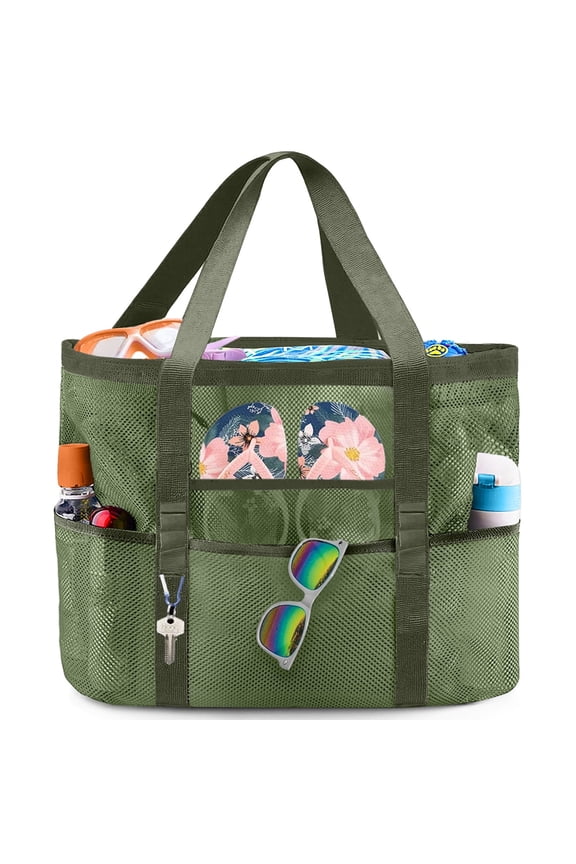 Beach Bag, Extra Large Mesh Beach Tote with 8 Pockets & Waterproof Zipper inner Pocket for Family Pool Bag Ideal for Beach Trip Toys & Vacation Essentials