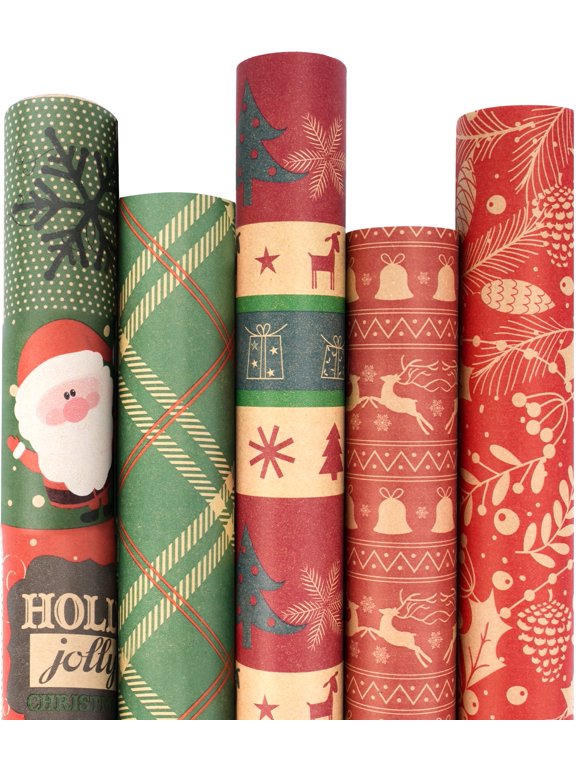 Kraft Christmas Wrapping Paper,17 Inch x 9.8 Feet Per Roll -Total of 5 Rolls, Holiday Gift Wrapping Paper, Santa Claus, Penguin, Snowflake and Christmas Tree Design for Xmas Holiday, Party