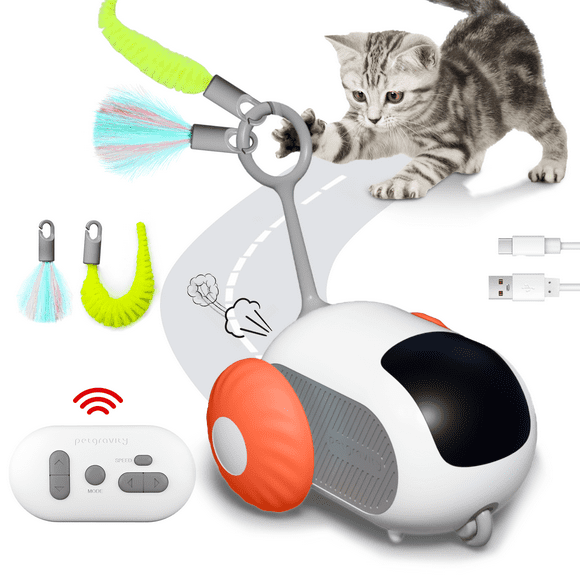 Risehigh Interactive Cat Toys for Indoor Cats 2-Speed Automatic Moving Remote Control Smart Cat Rechargeable Toy with Feathers, Orange