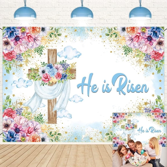 He is Risen Backdrop 7x5FT Spring Happy Easter Jesus Photography Background Religious Resurrection Cross Banner Resurrection of Jesus Easter Decoration Church Event Supplies
