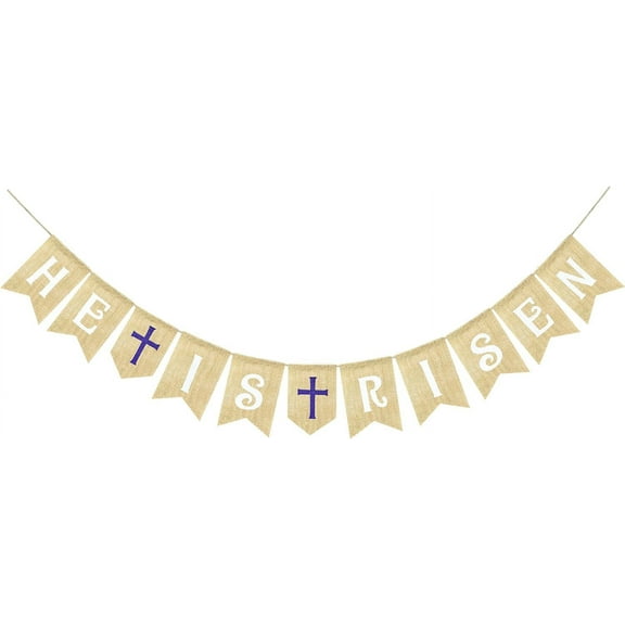 He is Risen Banner Burlap Easter Decorations for Mantel Fireplace, Easter Bunting Banner Garland Spring Themed Party Supplies Religious Photo Backdrop