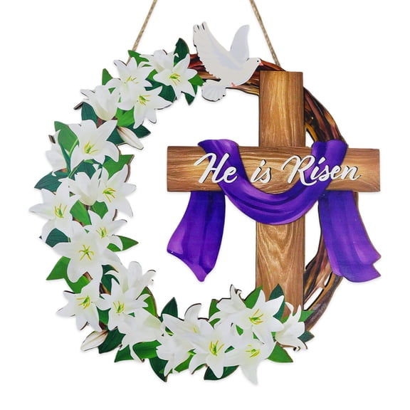He Has Risen Decoration Easter Sign for Front Door Religious Wreath Hanging Wall Sign Christian Jesus Ornament for Spring Home Farmhouse Party Supplies Design 1