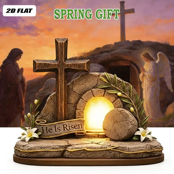 He Is Risen Easter 2D FLAT Wooden Block, Christian Resurrection Table Wooden Sign, Religious Home Decor, Empty Tomb Cross Wood Shelf, Easter Appreciation Gift