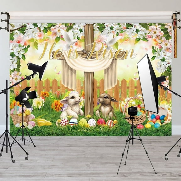He is Risen Easter Backdrop Religious Happy Easter Backdrop Party Decorations Supplies Crucifixion Floral Fence Grassland Background for Photography Photo Studio Props 10x8FT