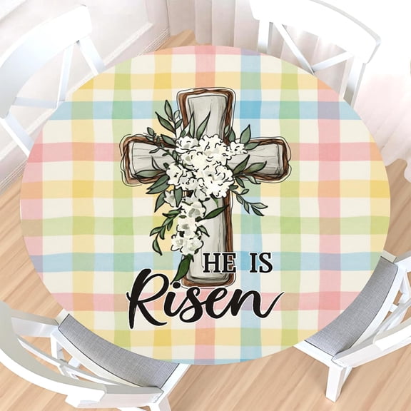 He is Risen Easter Checkered Round Fitted Tablecloth with Elastic Edge,Waterproof Spring Christian Cross Buffalo Plaid Religious Table Cover for 40-44" Stretch Table Cloth for Dinner Indoor Outdoor