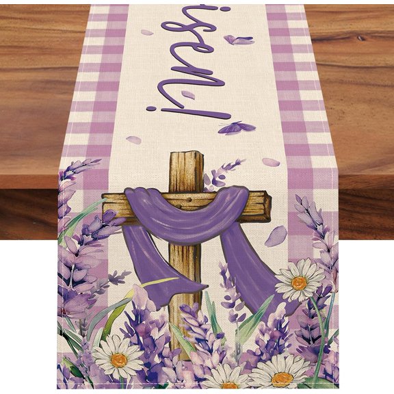 He is Risen Easter Cross Christian Table Runner, Religious Lavender Daisy Flower Purple Plaid Kitchen Dining Table Decoration, Spring Burlap Indoor Outdoor Home Decor Party Supply 13 x 72 Inches