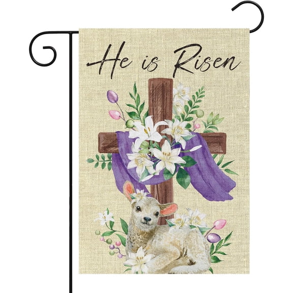 He is Risen Easter Cross Garden Flag, Christian Lamb Lily Flower Spring Holiday Farmhouse Yard Decoration, 12 x 18 Inch Burlap Double-Sided Patio Lawn Flag Outdoor Decor Supplies