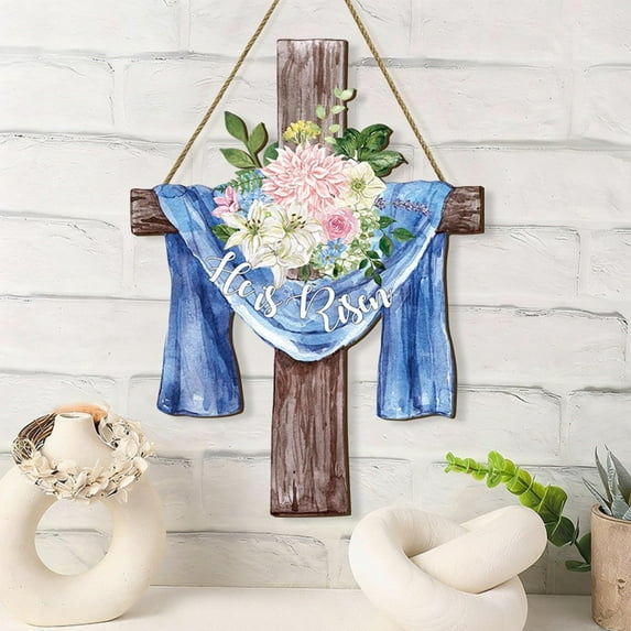 He Is Risen Easter Cross Wooden Door Sign Decor - 2D Flat Design Wooden Construction Religious Easter Indoor/Outdoor Home Entry Wall Decoration - Easter Holiday Celebration Church