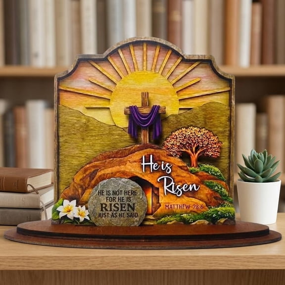 He is Risen Easter Decor, 3-Layer Wooden Empty Tomb Scene with Movable Stone, Religious Resurrection Decorations for Home Tabletop Shelf, Christian Gift for Church Mantel Tiered Tray