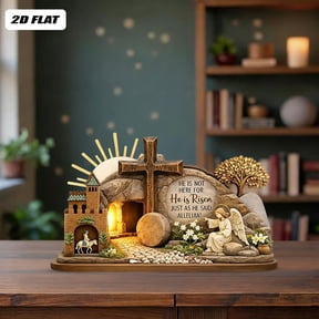 He Is Risen Easter Decor, Handcrafted Wooden Resurrection Scene with Empty Tomb and Three Crosses, Engraved He Is Risen,for Mantels Trays Shelves Tabletop, Ideal Gift for Easter Celebrations