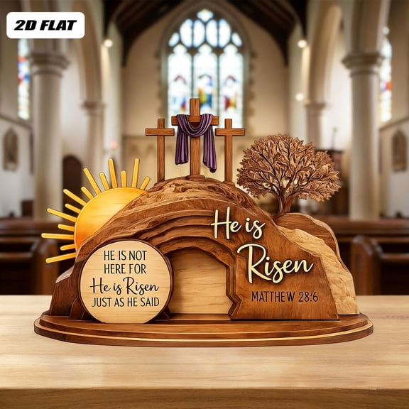 He Is Risen Easter Decor, Wooden Empty Tomb Resurrection Scene with Three Crosses, “He Is Risen” Engraved, Handcrafted Religious Decoration for Easter, Spiritual Gift for Mantels Trays Tabletops