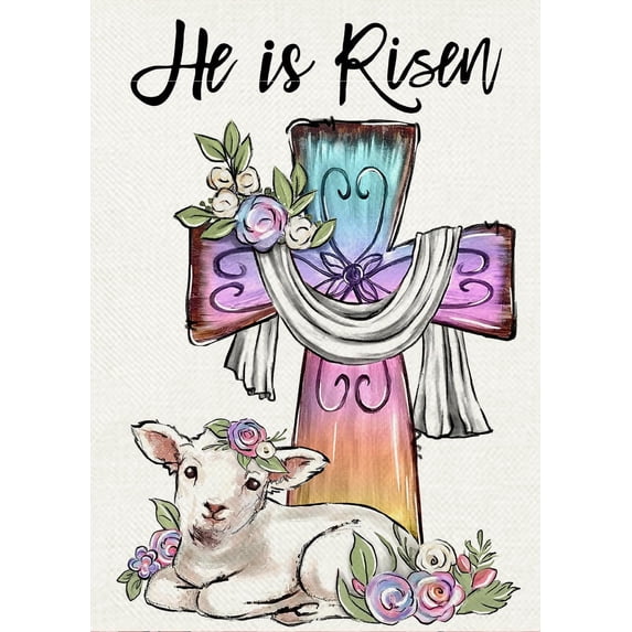 He is Risen Easter Decorative Garden Flag, Religious Colorful Cross Lamb Yard Outside Decorations, Rose Flowers Outdoor Small Home Decor Double Sided 12 x 18