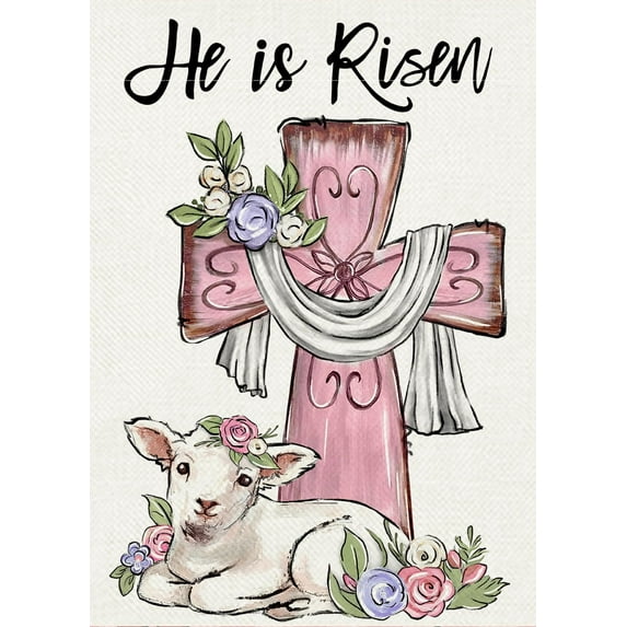 He is Risen Easter Decorative Garden Flag, Religious Pink Cross Lamb Yard Outside Decorations, Rose Flowers Outdoor Small Home Decor Double Sided 12 x 18