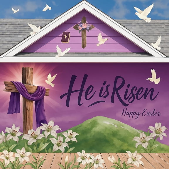 He Is Risen Easter Garage Door Banner Decorations 6 x 13 ft Large Happy Easter Backdrop Cover for Spring Home Indoor Outdoor Party Holiday Cross Religious Photography Background