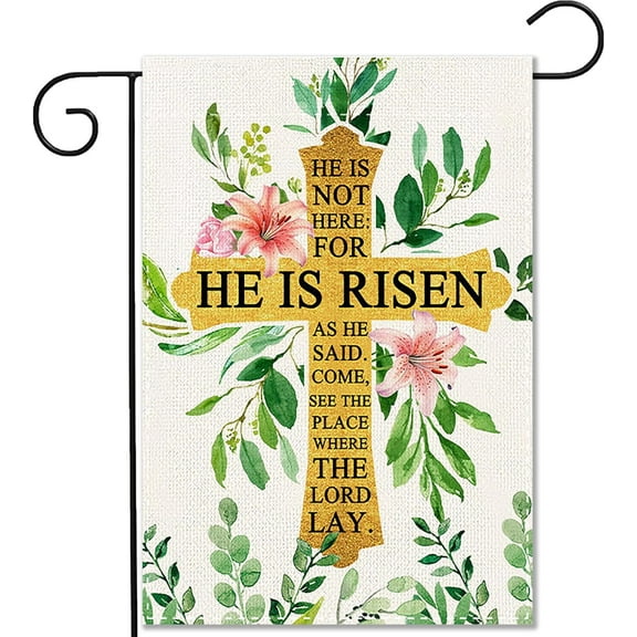 He Is Risen Easter Garden Flag - Religious Cross, 12 x 18 Inch Double Sided Burlap Cross Pink Green Floral Yard Flags for Outside Christian Spring Outdoor Decorations