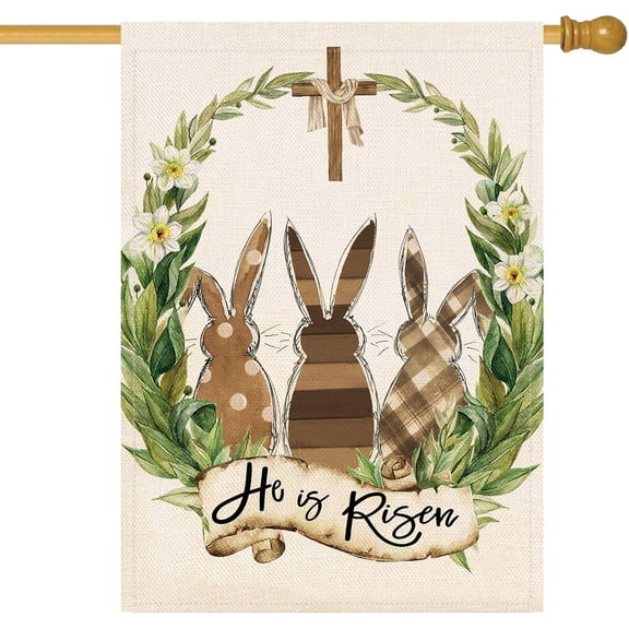 He is Risen Easter House Flag Bunny Cross Laurel Wreath 28 x 40 Inch Large Easter Yard Flag for Outside Double Sided Burlap Spring Holiday Outdoor Easter Decoration