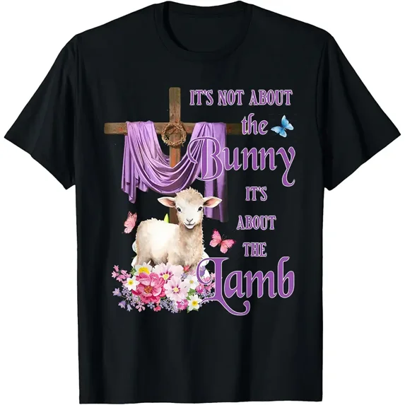 He Is Risen Easter Lamb Cross Faith Graphic Tee | Inspirational Christian Religious Holiday Shirt with Purple Drape, Butterflies & Flowers | Meaningful Spiritual Apparel for Women & Men