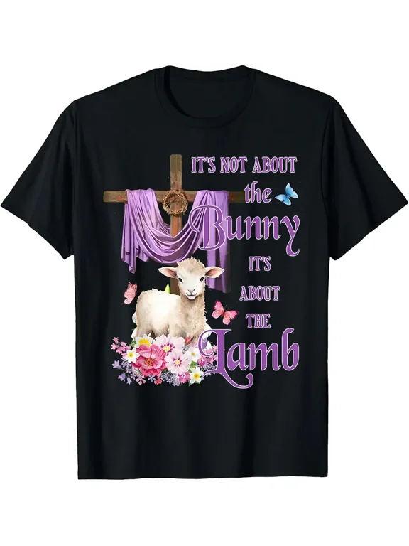 He Is Risen Easter Lamb Cross Faith Graphic Tee | Inspirational Christian Religious Holiday Shirt with Purple Drape, Butterflies & Flowers | Meaningful Spiritual Apparel for Women & Men