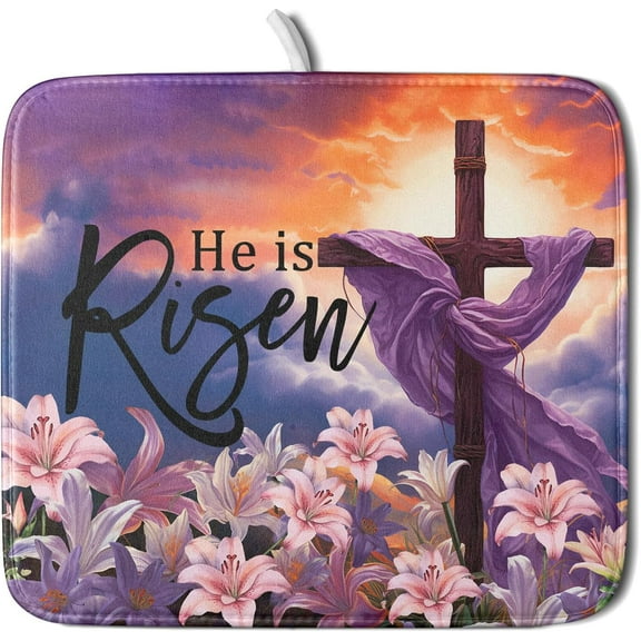 He is Risen Easter Lily Flowers Dish Drying Mat for Kitchen Counter Spring Easter Drying Mat Absorbent Microfiber Small Drying Pad Dish Mats Easter Table Mats for Countertops Tableware 16x18 Inch