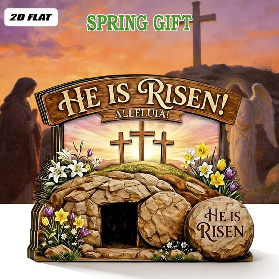 He Is Risen Easter Night Scene Wooden Tomb Decor With Cave, Easter Resurrection Scene Set, Christian Resurrection Display For Home, Religious Spring Table Decoration 13Cm/4.9In