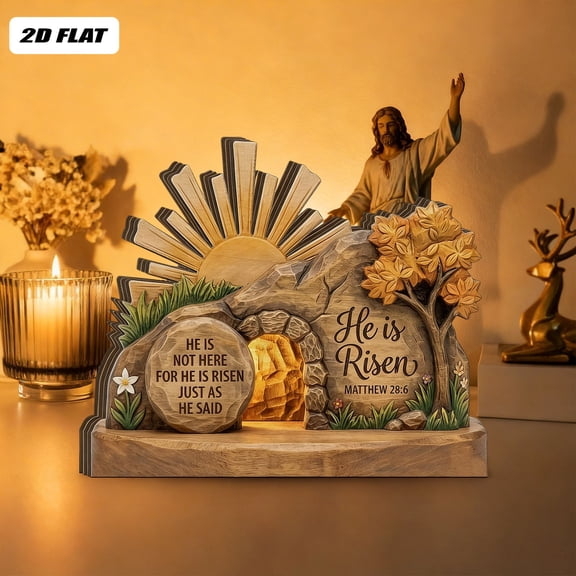 He Is Risen Easter Night Scene Wooden Tomb Decor With Cave, Easter Resurrection Scene Set, Christian Resurrection Display For Home, Religious Spring Table Decoration 13Cm/4.9In Home Decor
